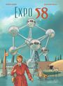 "Expo 58" in großen Buchstaben. Illustration eines ikonischen Gebäudes mit Kugeln und Verbindungsstrukturen. Passanten im Vordergrund.