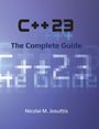"C++23 The Complete Guide" und "Nicolai M. Josuttis" auf blauem Hintergrund. Verpixelte Grafikelemente.