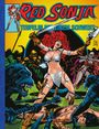 "Red Sonja: Teufelin mit einem Schwert" in großen Buchstaben, mit einer Frau in Kettenhemd, umgeben von Kämpfern.