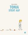 „Nikolaus Heidelbach. TONIA STEHT AUF“ in blau. Kind im Schlafanzug läuft nach rechts. Unten ist ein blaues Krone-Logo.