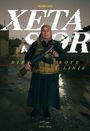 "ROJAVA 2026" und "DIE ROTE LINIE". Eine Frau in Tarnweste mit Gewehr, düsterer Hintergrund in einer nassen Umgebung.