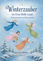 "Winterzauber im Frau-Holle-Land. Weihnachtsmärchen und Elfengeschichten. Gisela Büthe. bluebooks." Vier Elfen fliegen über eine verschneite Landschaft.