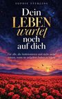 „Dein Leben wartet noch auf dich“ vor nächtlichem Himmel und rotem Mohnfeld bei Sonnenuntergang.