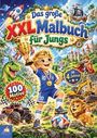 "Das große XXL Malbuch für Jungs" steht oben, darunter ein Junge mit Fußball, umgeben von Dinosaurier, Löwe und Monstertruck.