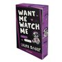 Buchtitel: "Want Me Watch Me", Genre: Dark Romance. Autor: Laura Bishop. Design: Kuscheltier mit Kopfhörern auf lila Hintergrund.