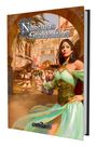 „Nahemas Städteatlas“ in kunstvollem Schriftzug. Illustration: Frau in grünem Kleid vor orientalischem Marktplatz.