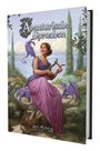 „Aventurische Sprachen“ steht oben. Eine Frau spielt eine Harfe, umgeben von kleinen lila Drachen.