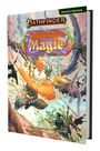 „Pathfinder: Unfassbare Magie“ in buntem Schriftzug, „Zweite Edition“. Fantastische Figuren in einem epischen Kampf.