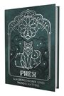 "Phex – Glaubenschronik eines Mondschattens". Ein stilisierter Fuchs und geometrische Muster in Silber auf dunklem Hintergrund.