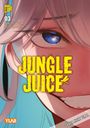 Titel "Jungle Juice", große gelbe Schrift. Nahaufnahme eines lächelnden Gesichts mit blauem Auge. Manga-Stil.