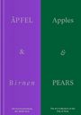 Links: "ÄPFEL & Birnen". Rechts: "Apples & PEARS". Lila und grüner Hintergrund. Kunstsammlung Graz.