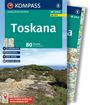 „WANDERFÜHRER Toskana: 80 Touren, GPS, Highlights. Landschaft mit Küste und grünem Hügel. Kompass-Logo oben.“