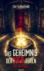 Titel: "Das Geheimnis der vier Türen", Untertitel: "Der rote Gang". Steinflur mit leuchtendem Symbol, viele Türen.