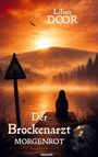 "Lilian Door: Der Brockenarzt - Morgenrot". Ein Mädchen sitzt auf einem Steg am See im Morgenrot, daneben ein Warnschild.