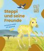 "Steppi und seine Freunde. Willkommen in Afrika." Ein gelbes Zebra auf einer Wiese, ein Vogel fliegt oben. Logo rechts oben.