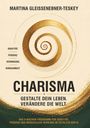 "CHARISMA – Gestalte dein Leben. Verändere die Welt." Spiralförmiges goldenes Design auf beigem Hintergrund.