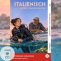 "Italienisch mit lustigen Kurzgeschichten", "Modernere Lektüre", "Fotografia Subacquea", CD-Symbol. Frau in Taucheranzug, Mann im Boot.