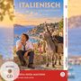 "Italienisch mit lustigen Kurzgeschichten", ein Mann sitzt neben einem Esel mit Gepäck, in mediterraner Küstenkulisse.