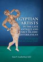 "EGYPTIAN ARTISTS" steht über eine Abbildung eines tanzenden Menschen auf blauem und grünem Hintergrund.
