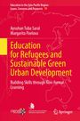 Bildbeschreibung: Roter Hintergrund mit gelbem und weißem Text: "Education for Refugees and Sustainable Green Urban Development". Logos unten.