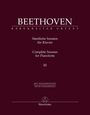 BEETHOVEN, Sämtliche Sonaten für Klavier, Complete Sonatas for Pianoforte, III. Dunkelrotes Cover, elegant gestaltet.