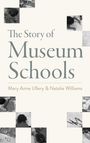 Text: "The Story of Museum Schools" von Mary Anne Ullery & Natalie Williams. Schwarz-weiße Bilderrahmen am Rand.