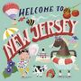 „WELCOME TO NEW JERSEY“, bunte Illustration mit Heißluftballon, Biene, Kind, Pferd, Kuh, Leuchtturm und Tomaten.