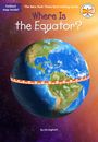 Text: "Foldout map inside! Where Is the Equator? by Jim Gigliotti." Illustration eines Globus mit Äquator und buntem Weltraumhintergrund.
