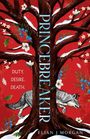 Text: "PRINCEBREAKER", "DUTY. DESIRE. DEATH.", "Elian J Morgan". Illustration: Baum auf rotem Hintergrund, Wolf, Blumen.