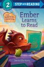 "Ember Learns to Read", "The Bakery Dragon", "Step into Reading". Ein kleiner Drache liest ein Buch, umgeben von Büchern.