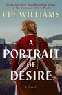 Ein Roman von Pip Williams, "A Portrait of Desire". Eine Frau in rotem Kleid mit Zopf blickt in eine ländliche Landschaft.