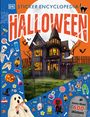 Der Text „Sticker Encyclopedia: Halloween“ steht vor einem gruseligen Haus bei Vollmond, umgeben von Halloween-Stickern.