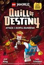"QUILL OF DESTINY: ATTACK OF THE SCROLL GUARDIAN". Zwei LEGO-Figuren kämpfen gegen einen Roboter im Stil von Ninjago.