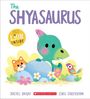 „The SHYASAURUS“ in großen Buchstaben. Illustration: Ein Dinosaurier, ein Kätzchen und ein Vogel hinter einem Felsen.