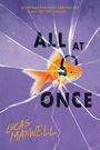 "ALL AT ONCE" in großen Buchstaben. Ein Goldfisch mit Kopfhörern im zersplitterten lila Hintergrund.