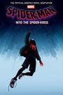 "SPIDER-MAN: INTO THE SPIDER-VERSE" Grafik mit schwebender Figur in rotem Spider-Man Kostüm und Kapuze vor Skyline.