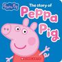 Text: "The story of Peppa Pig". Illustration von Peppa Pig in einem roten Kleid auf blauem Hintergrund.