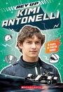 Text: "Rev Up: Kimi Antonelli", "8 Pages of Photos Inside!". Junge in Rennanzug, Rennwagen, Trophäen und Helm illustriert.