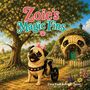 "Zoie's Magic Fins" steht in verspielter Schrift. Darunter ein Mops mit Rollstuhl, rosa Schleife, vor einem baumhausartigen Gebäude.