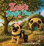 Text: "Zoie's Magic Fins." Illustration: Ein Mops mit Rollstuhl vor einem Haus in Form eines großen Mopskopfs, umgeben von Blumen.
