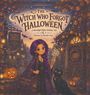 "The Witch Who Forgot Halloween" steht oben. Eine Hexe mit lila Haaren, Schlüssel, schwarzer Katze und Kürbissen vor einem Haus.