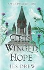 „A Wild Swans Retelling“, „This Winged Hope“, „Jes Drew“. Türme, Disteln, Schwäne, weiße Federn auf türkisfarbenem Hintergrund.
