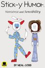 "Stick-y Humor: Nonsense and Sensibility." Illustration eines Clowns und einer Frau in antiker Kleidung.