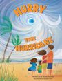 "Hurry the Hurricane" in Orange. Illustration von vier Personen am Strand, starker Wind, Palmen neigen sich.