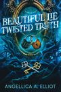 „BEAUTIFUL LIE TWISTED TRUTH“ steht groß. Zwei Vorhängeschlösser hängen an Ketten, umgeben von blauen Stoffen und Zahnrädern.