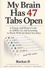 Buchtitel: "My Brain Has 47 Tabs Open". Humorvolle Betrachtung von ADHS und KI. Mehrere Tabs: Ideen, Projekte, Forschung. Autor: Ruckus D.
