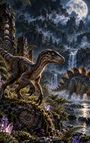 Eine Mondnacht-Szene mit zwei Dinosauriern und einem Wasserfall. Verzierter Stein mit Spiralen und Halbmond-Symbolen.
