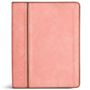 Ein rosa Leder-Notizbuch mit braunen Nähten und einem eleganten, minimalistischen Design.