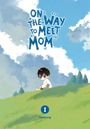 "On the Way to Meet Mom" in blauer Schrift. Ein Kind sitzt auf einem grünen Hügel vor blauem Himmel mit Wolken.
