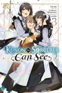 „Kunon the Sorcerer Can See“ und „La-na, Story by Umikaze Minamino, Character Design by Laruha“; drei freudige Figuren in Kostümen.
